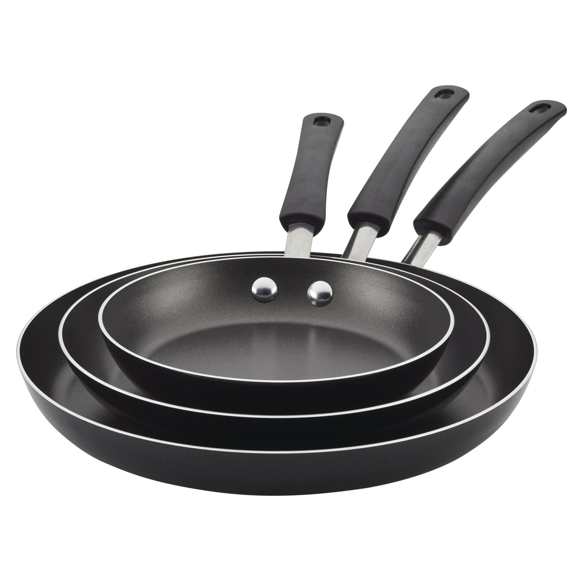 Three non-stick frying pans stacked, each with a black handle.