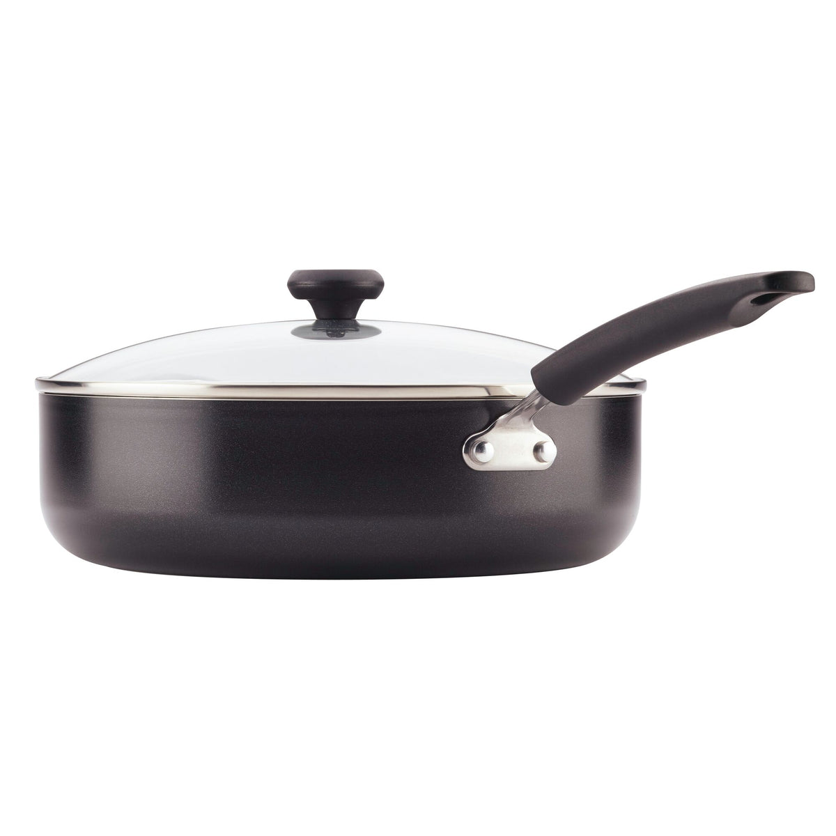 Black saucepan with a lid and a long handle on a white background.