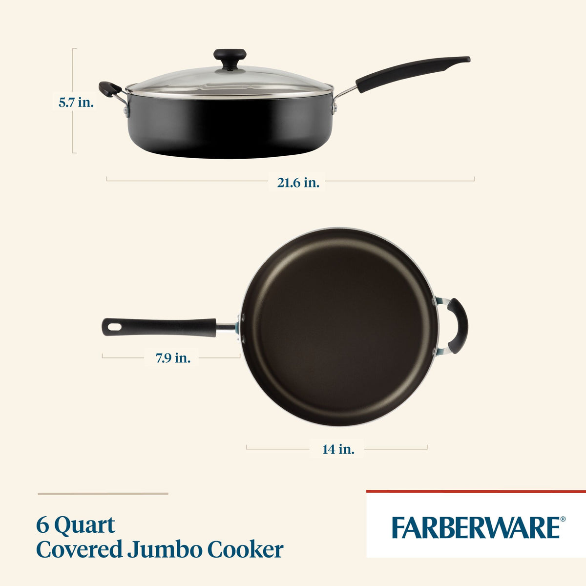 6 Quart Covered Jumbo Cooker with measurements and Farberware branding.