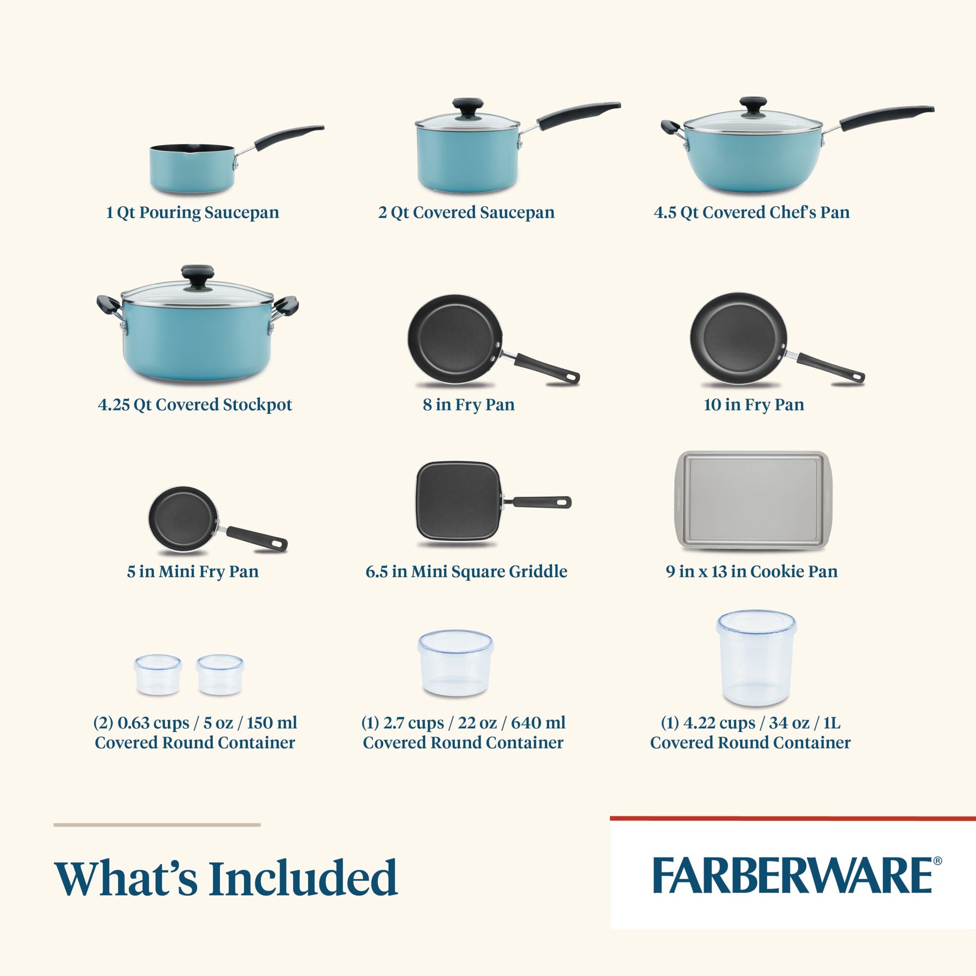 Farberware Non Stick Cookware Set Pots Pans Easy Clean Aluminum 15