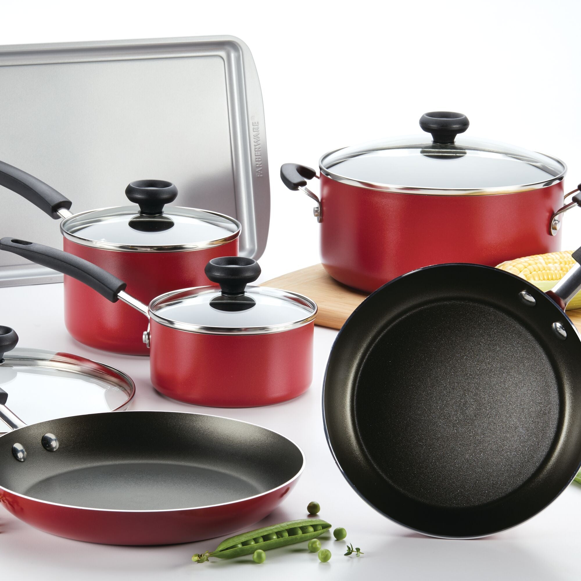 Farberware 12-Piece Easy Clean Nonstick Pots and Pans Set, Cookware Set, Red