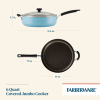 Blue Farberware covered jumbo cooker, 6 quart, 21.6x14x5.7 inches.