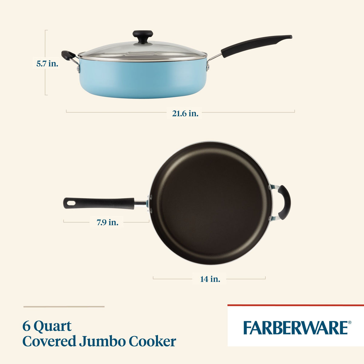 Blue Farberware covered jumbo cooker, 6 quart, 21.6x14x5.7 inches.