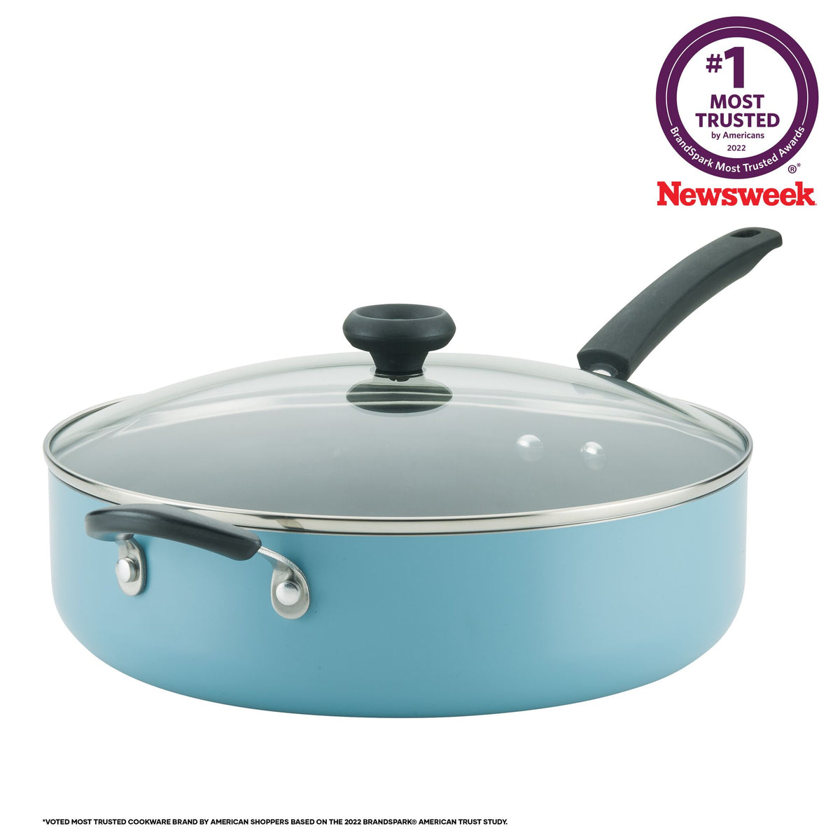 Blue nonstick pan with a glass lid and black handle, "Most Trusted" badge.