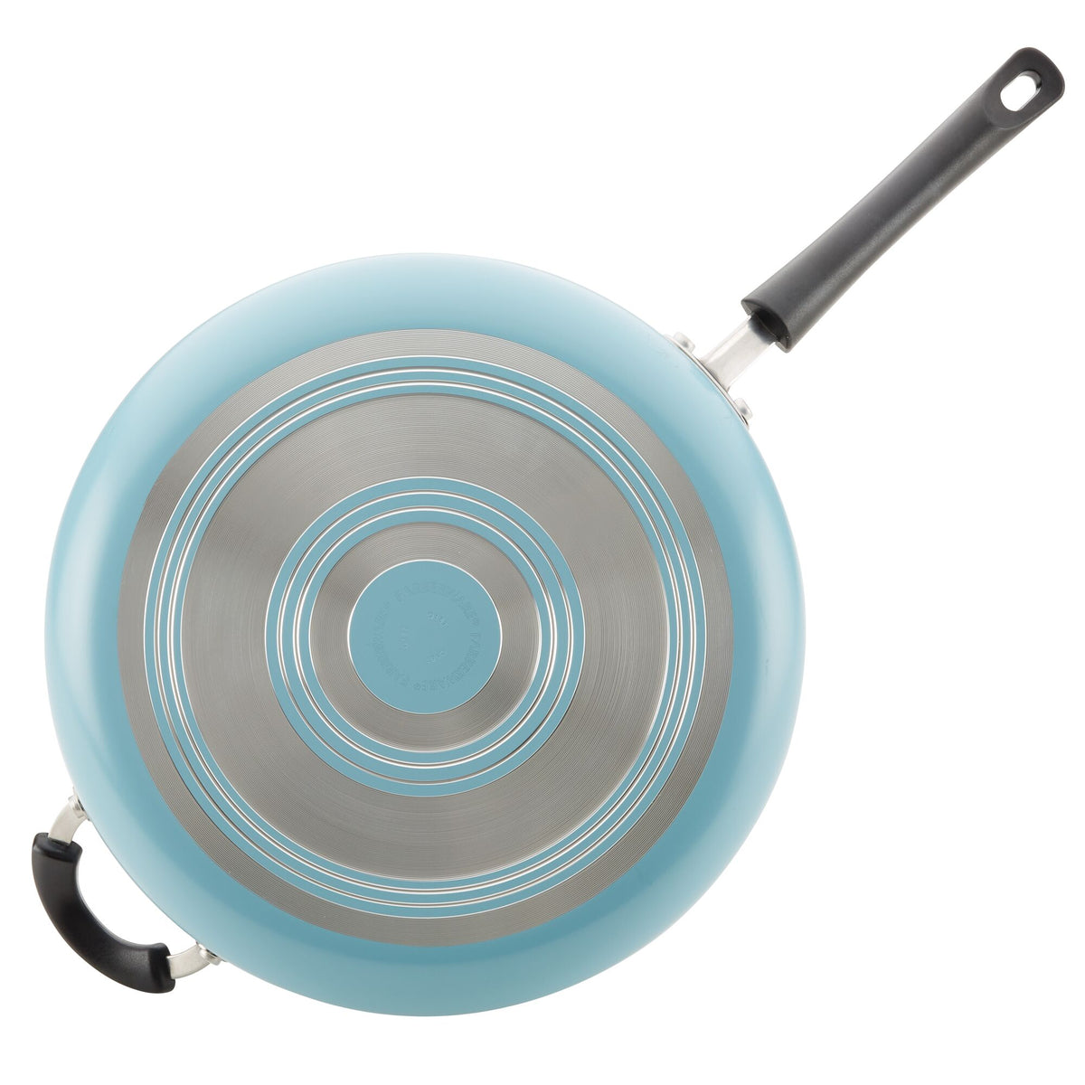 Blue frying pan with a black handle, viewed from the bottom.
