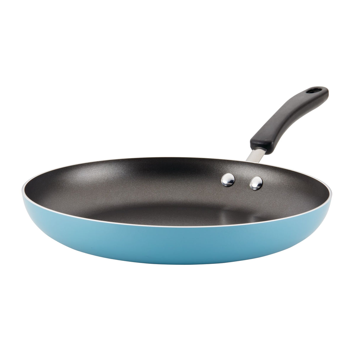 A blue non-stick frying pan with a black handle.