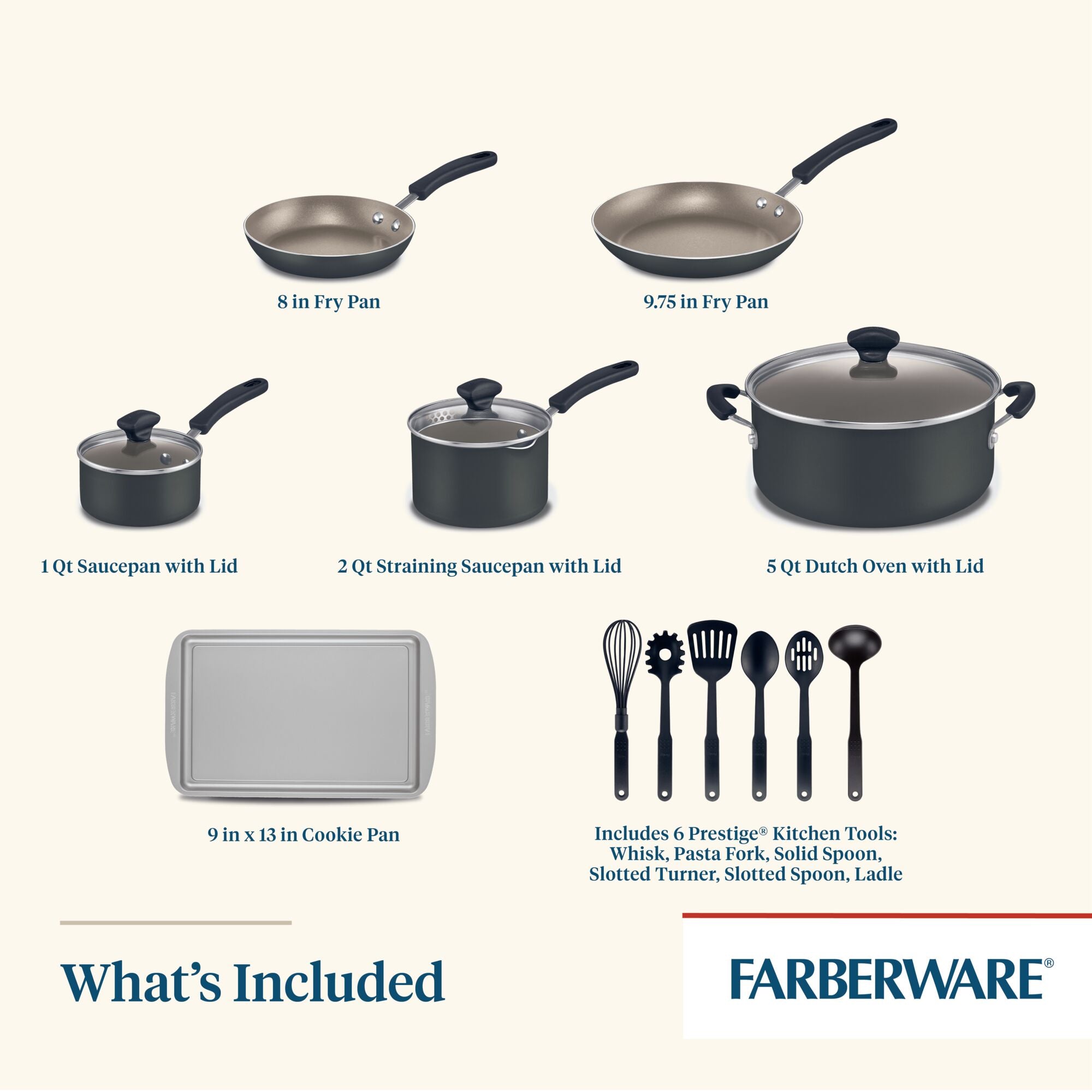 Farberware Aluminum 15-Piece Nonstick Cookware Set, Black