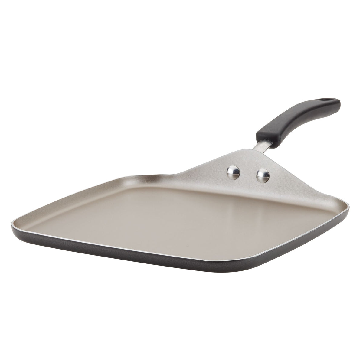 A gray, square nonstick griddle pan with a black handle.