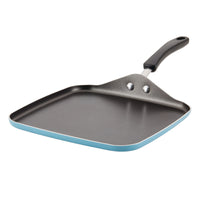 Blue square frying pan with a black handle.