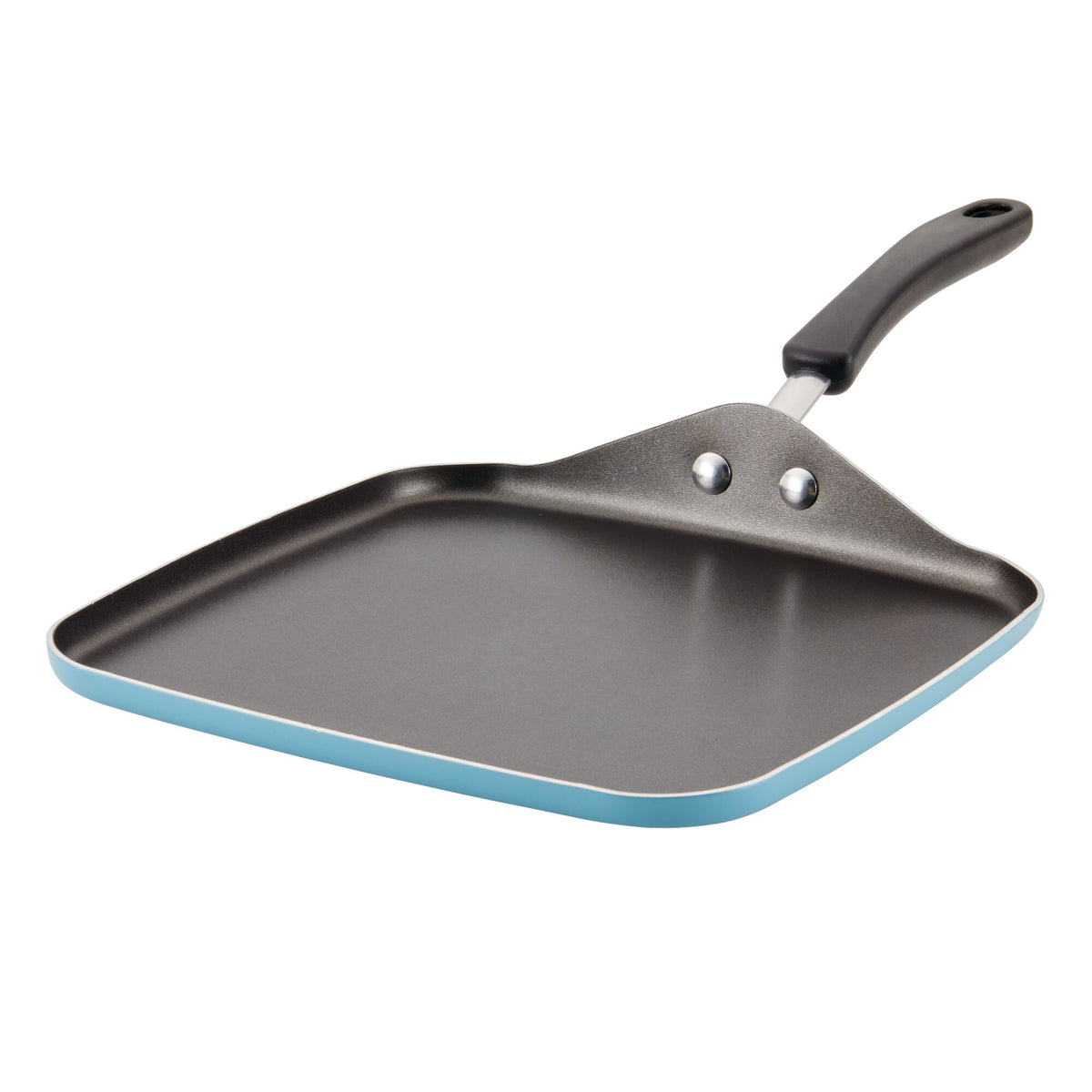 Blue square frying pan with a black handle.