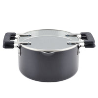 Black cooking pot with a glass lid and black handles.