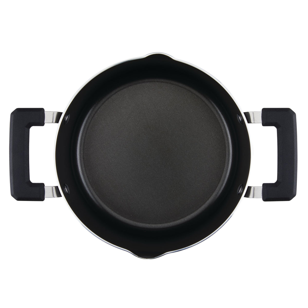 Top view of an empty black non-stick pot with two handles.