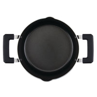 Top view of an empty black non-stick pot with two handles.