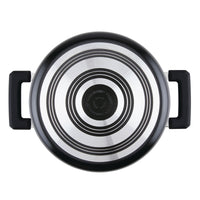 Top view of a circular pan with concentric circles and black handles.