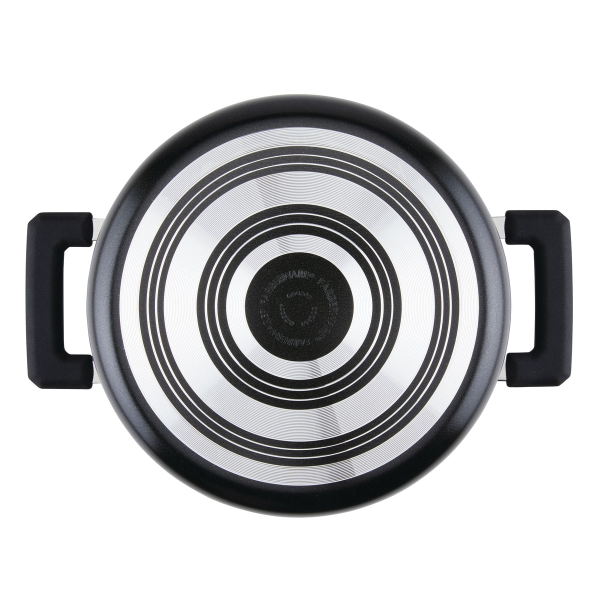 Top view of a circular pan with concentric circles and black handles.