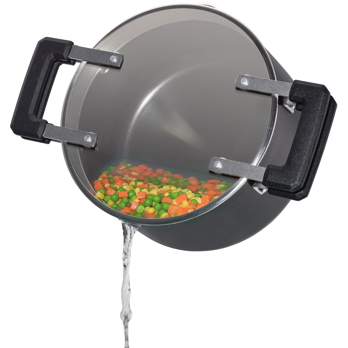 Pot straining water with mixed vegetables inside.