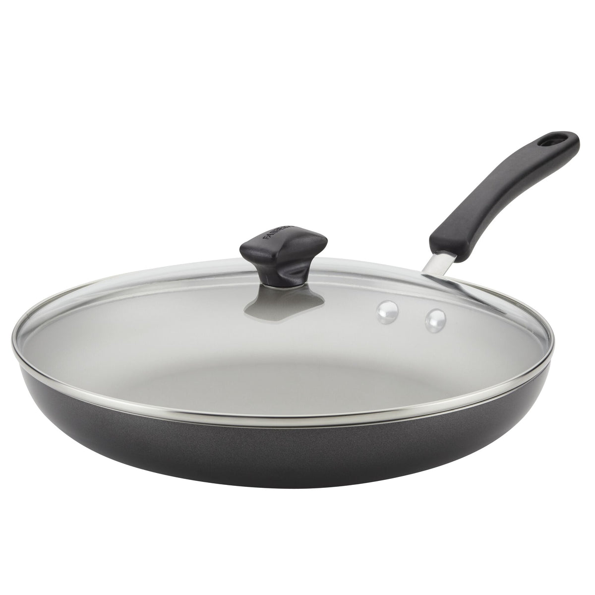 Nonstick frying pan with glass lid and black handle.