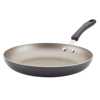 Non-stick frying pan with a black handle.