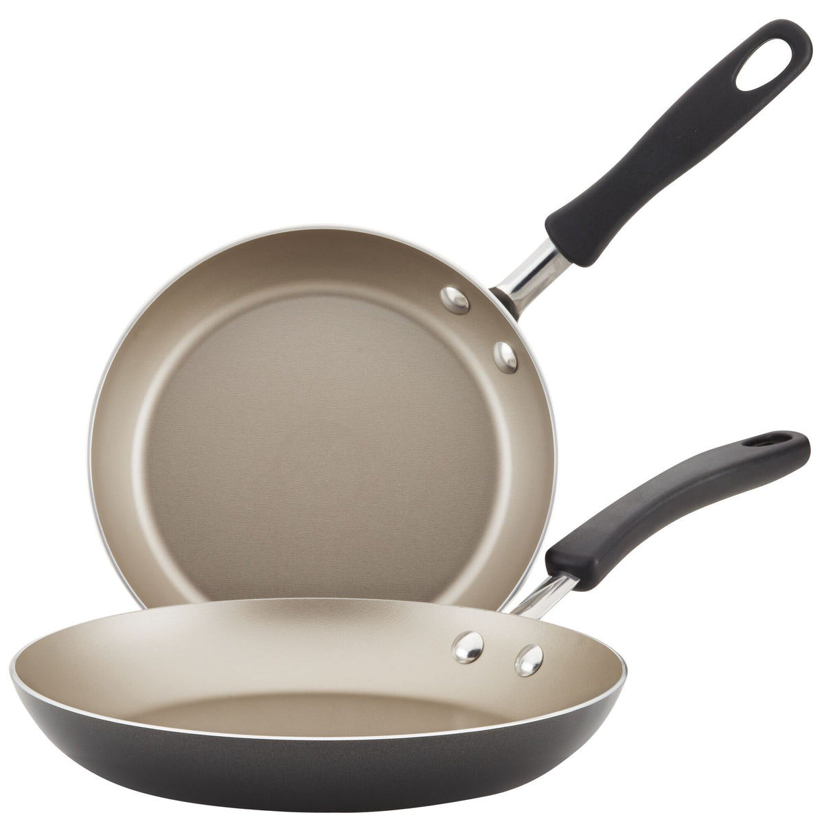 Two non-stick frying pans with black handles, stacked overlapping.