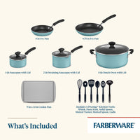 Cookware set with pans, saucepans, Dutch oven, cookie pan, and kitchen tools.