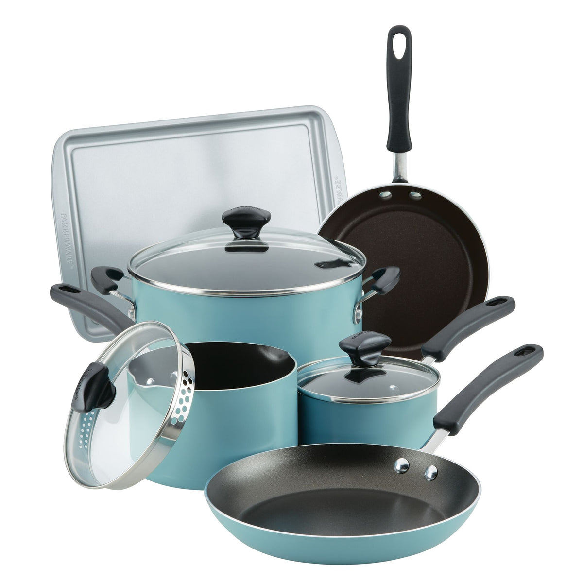A set of teal cookware with black handles and a silver baking sheet.
