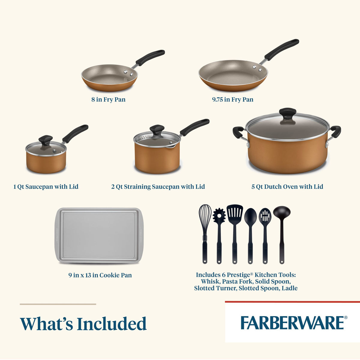 Cookware set with pans, saucepan, Dutch oven, cookie pan, and kitchen tools.
