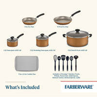 Cookware set with pans, saucepan, Dutch oven, cookie pan, and kitchen tools.
