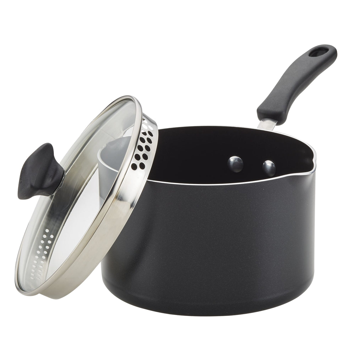 Black saucepan with a glass lid and angled handle.