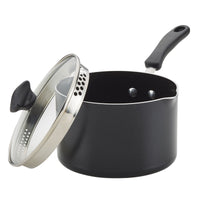 Black saucepan with a glass lid and angled handle.