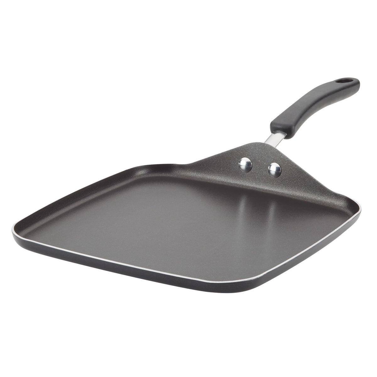 Black square griddle pan with a long handle on a white background.