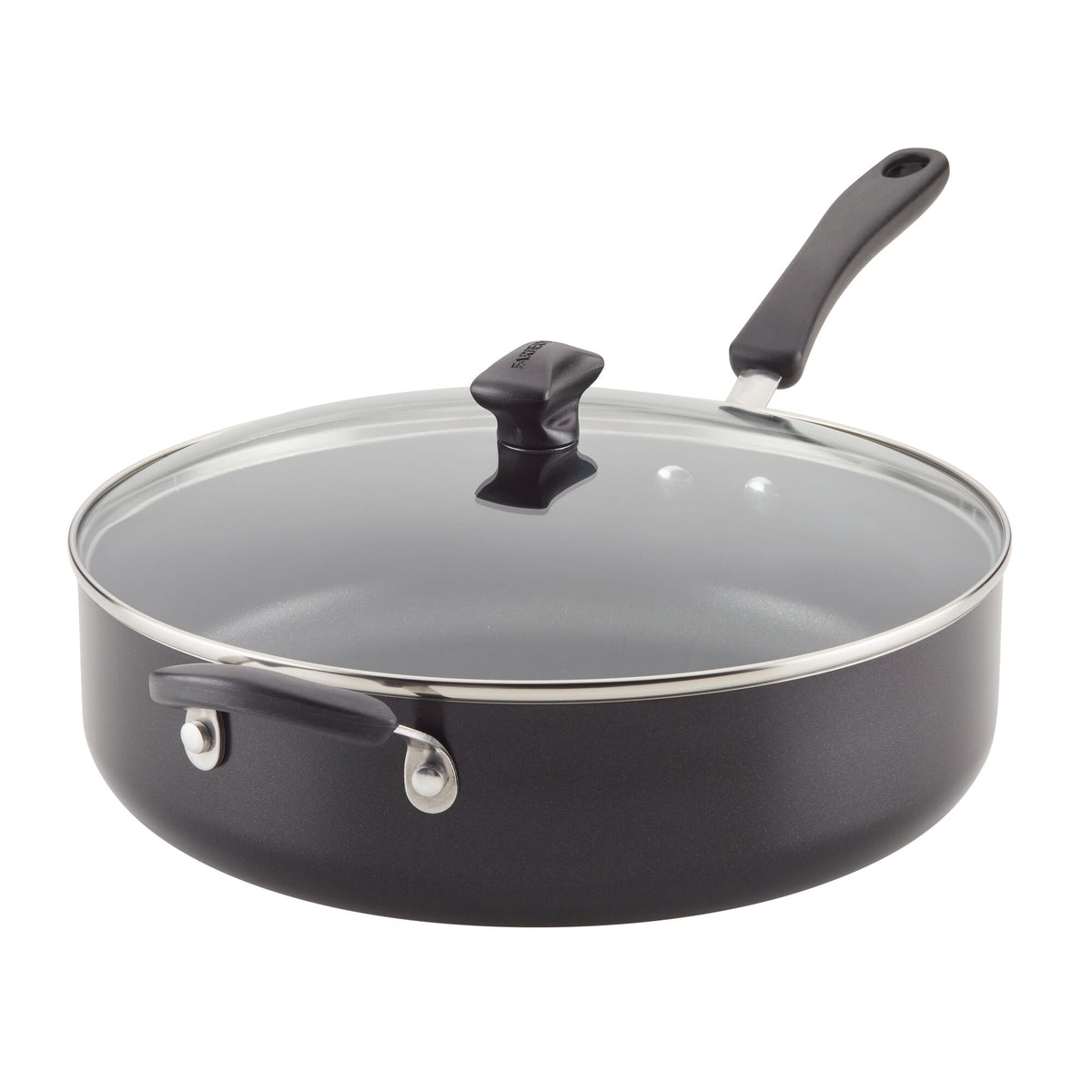 Black nonstick pan with a glass lid and handle.