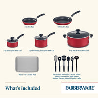 Cookware set with pans, pots, cookie pan, and kitchen tools.