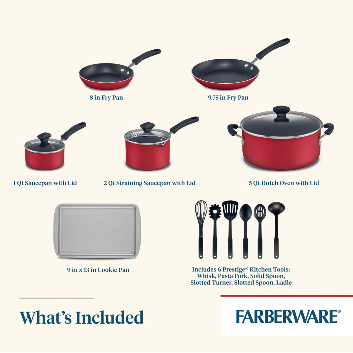 Cookware set with pans, pots, cookie pan, and kitchen tools.