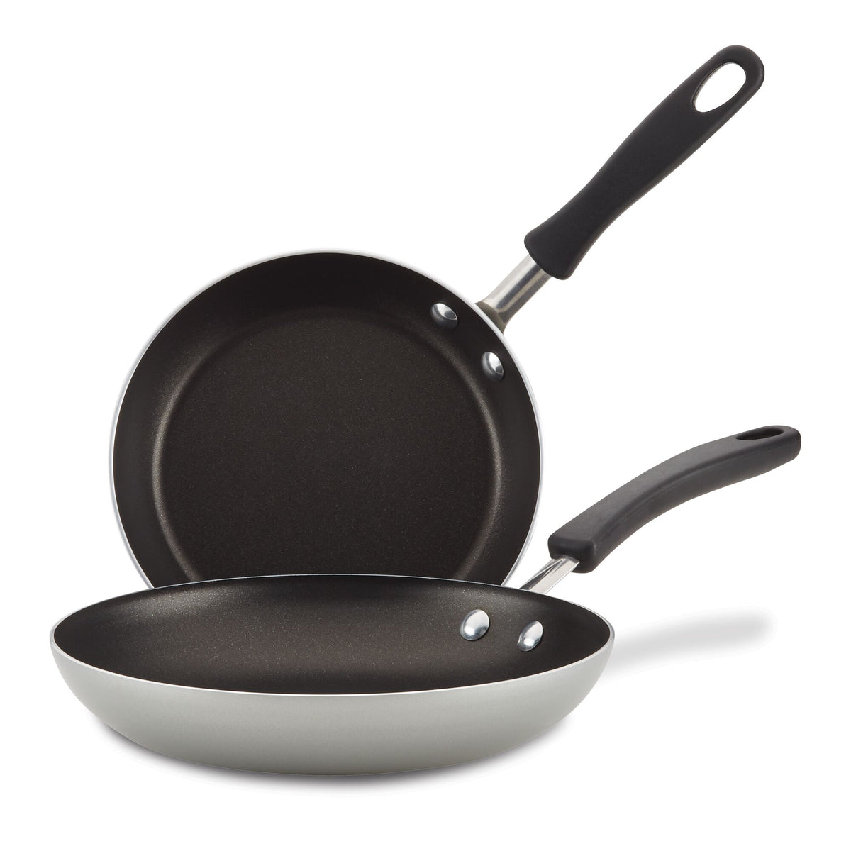 Two nonstick frying pans with black handles, stacked and angled.