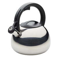 Stainless steel kettle with a black handle and spout cap.
