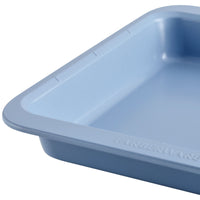 Close-up of a blue rectangular baking pan.