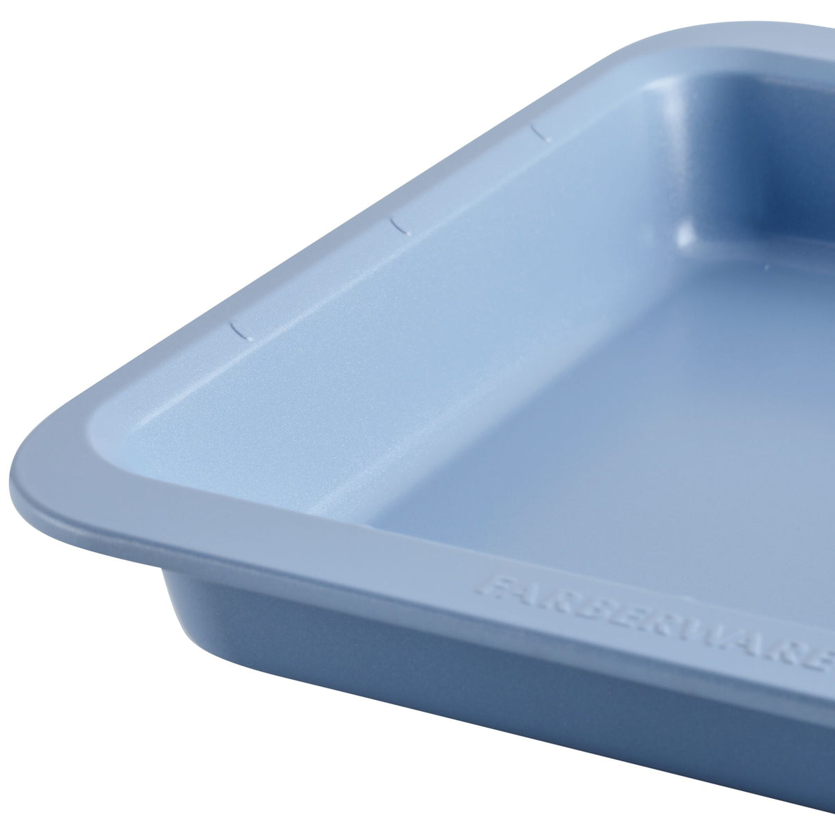 Close-up of a blue rectangular baking pan.