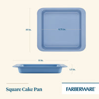 Blue square cake pan with dimensions: 10" x 8.75" x 1.5".