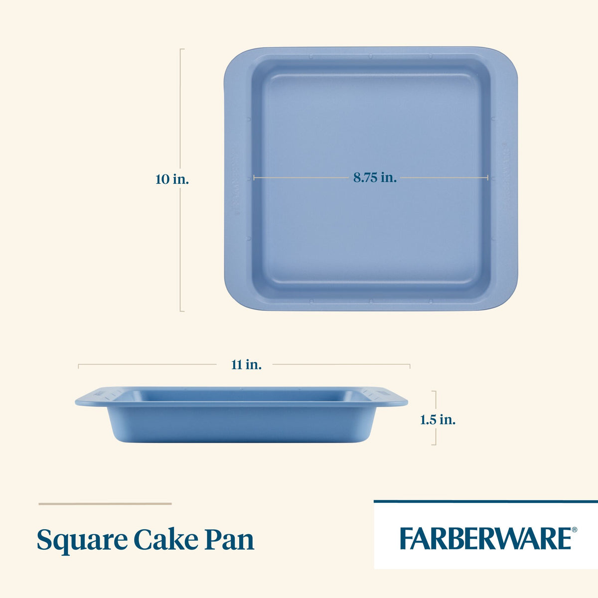 Blue square cake pan with dimensions: 10" x 8.75" x 1.5".