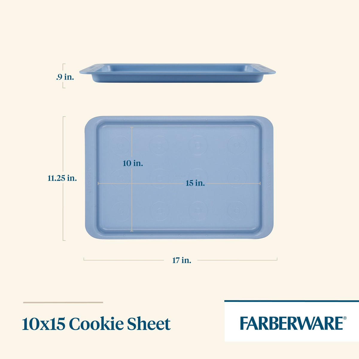 Blue 10x15 cookie sheet with dimensions shown, by Farberware.