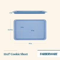 Blue 11x17 inch cookie sheet with dimensions labeled.