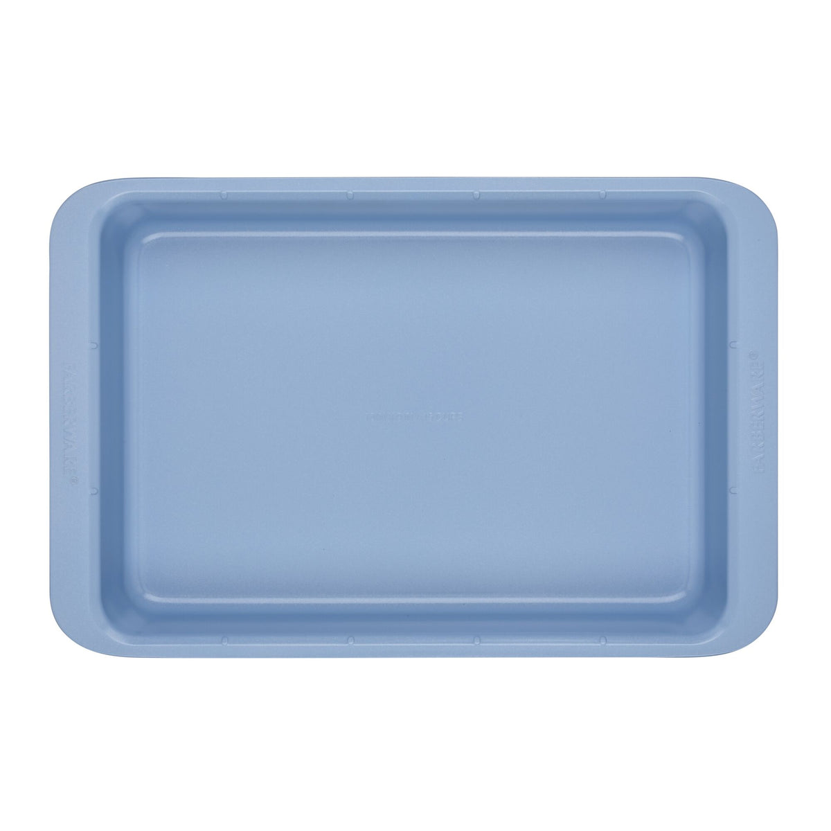 Blue rectangular baking pan with smooth edges viewed from above.