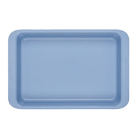 Blue rectangular baking pan with smooth edges viewed from above.
