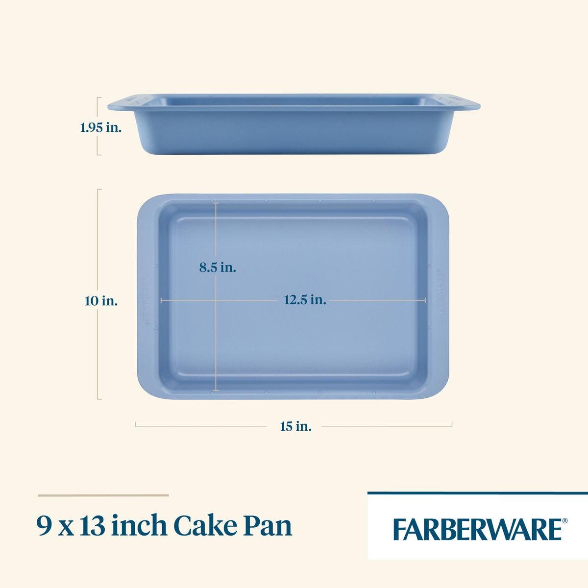Blue 9x13 inch cake pan with measurements displayed.