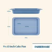 Blue 9x13 inch cake pan with measurements displayed.