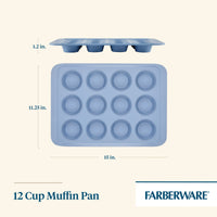 Blue 12-cup muffin pan with measurements shown.