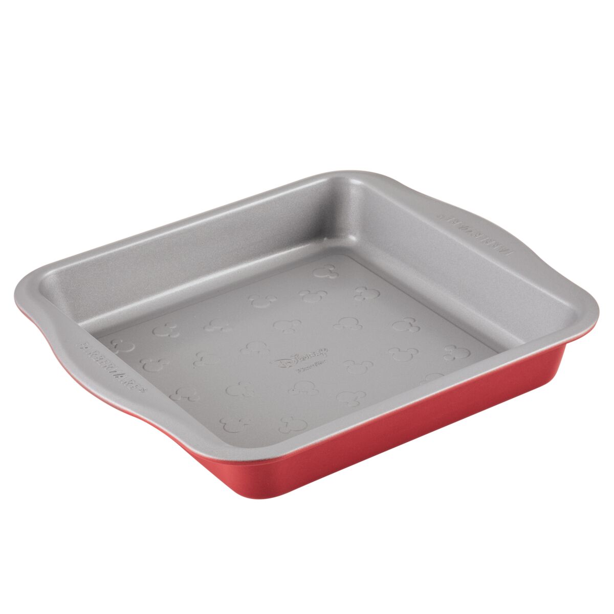 Red and gray square baking pan with handles on the sides.