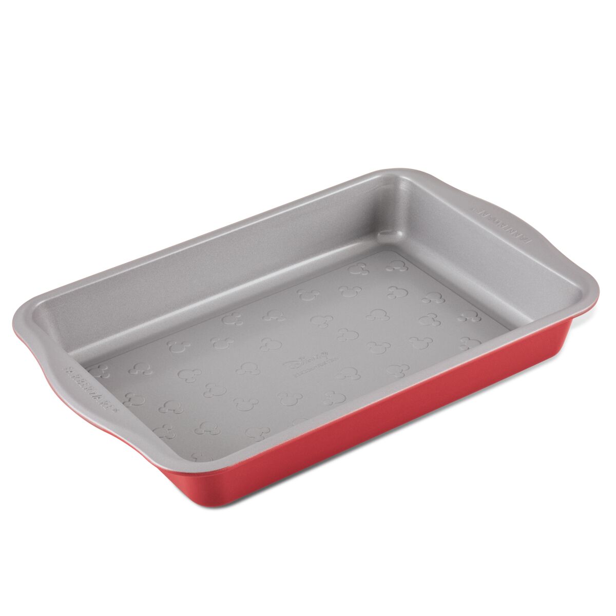 The 9" x 13" Nonstick Cake Pan is a red and gray rectangular bakeware featuring handles and an embossed pattern inspired by Mickey Mouse.