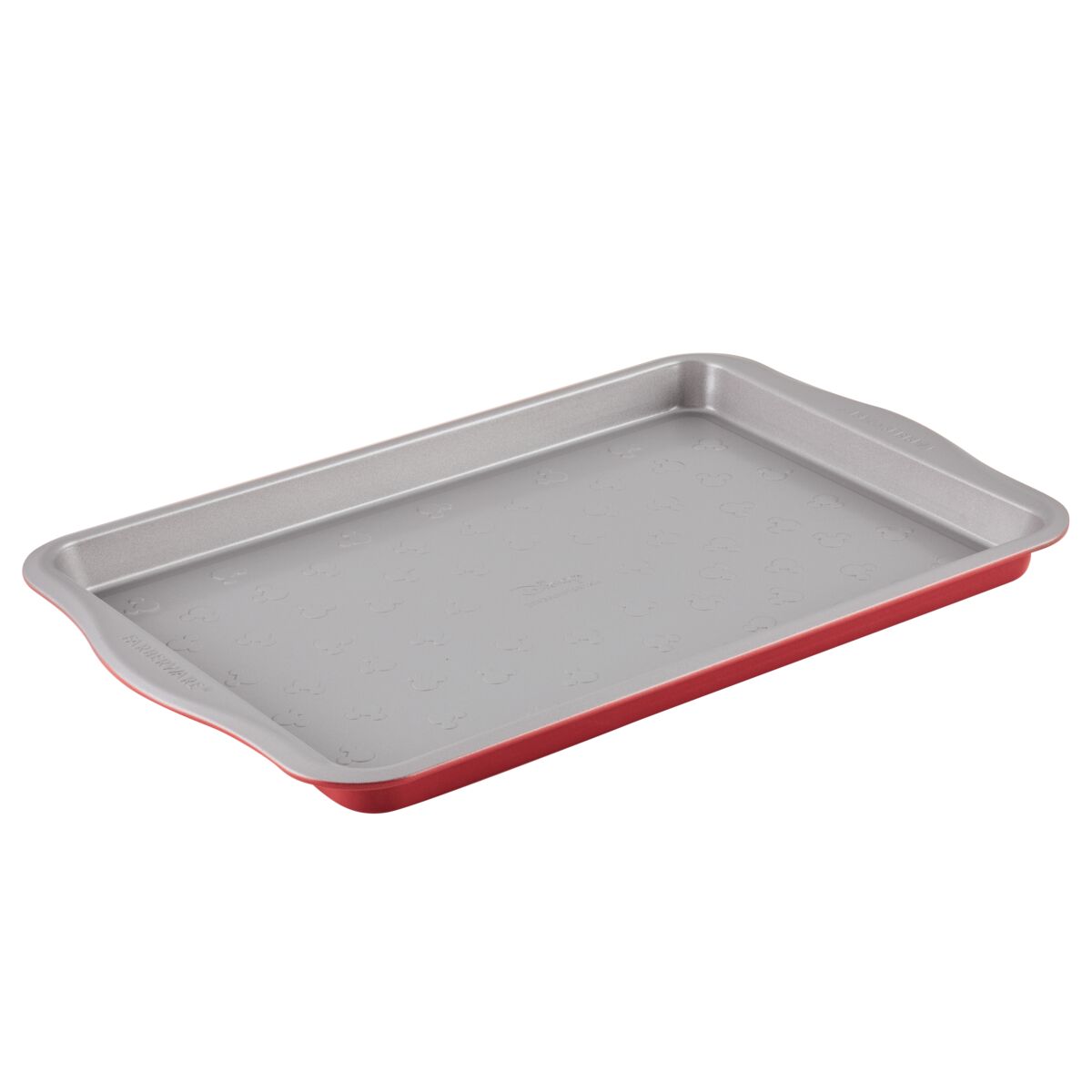 This red and silver rectangular 10" x-15" Nonstick Cookie Pan features convenient handles, combining style with functionality. Perfect for all your baking needs, it is an essential piece of bakeware that adds a touch of Mickey Mouse magic to your kitchen décor.