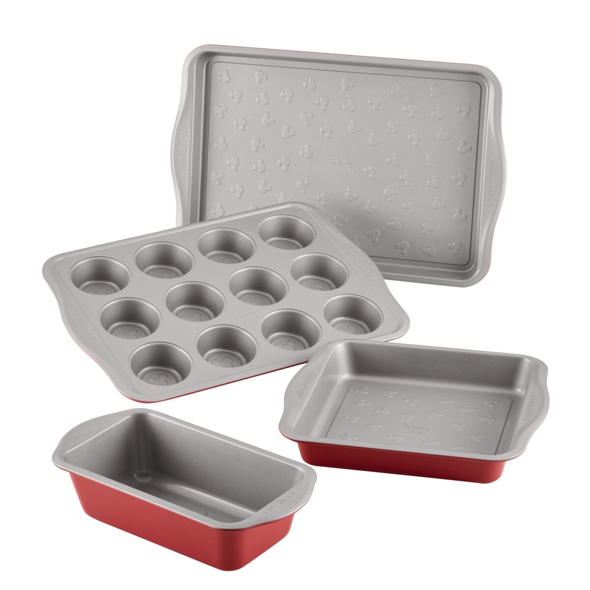 Four-piece red and gray nonstick bakeware set with various pans.